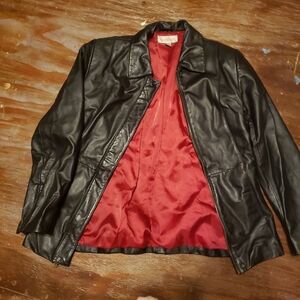 Black Leather Bomber Jacket with Red Lining Murano